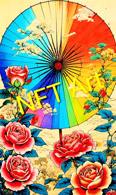 A vibrant, stylized illustration featuring a large colorful rainbow parasol surrounded by blooming red roses, with the text "NFT ART" overlaid in yellow.