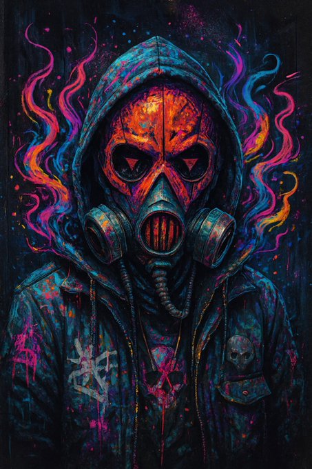 A vibrant, psychedelic-style digital illustration of a hooded figure wearing a skull-patterned gas mask, with swirling neon pink, purple, and orange flames emanating from their head against a dark background.
