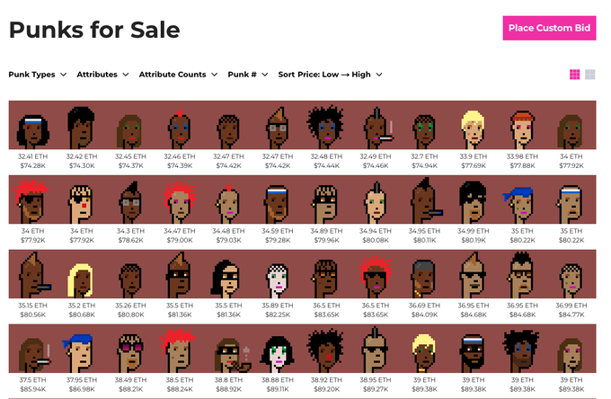 A screenshot of a CryptoPunks marketplace page titled "Punks for Sale" displays a grid of pixelated avatar punks listed with prices ranging from 74.28K to 89.38K ETH, with sorting and filter options visible at the top. The caption "nature is healing" humorously references the return of high ETH prices, which had previously crashed, signaling a market recovery in the NFT space.