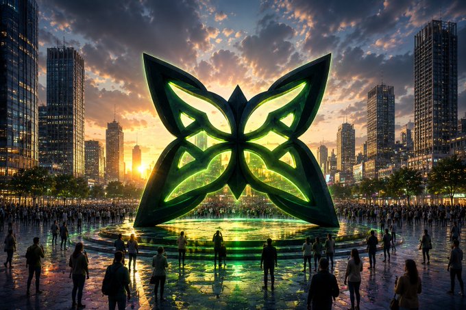 The image features a large group of people gathered around an outdoor sculpture, which appears to be a butterfly-shaped structure made from glass or metal. The setting seems to be a city plaza with tall buildings surrounding the area where the crowd has congregated. The scene is illuminated by a sunset, creating a warm and inviting atmosphere for the gathering. The image also contains text that reads "Quip Network is a blockchain project building the worldwide quantum computer a decentralized network that combines Quantum and Classical computing resources (proof of useful work)". This suggests that the sculpture could be part of an art installation or a public event related to the Quip Network, which aims to promote the use of blockchain technology for solving real-world problems.