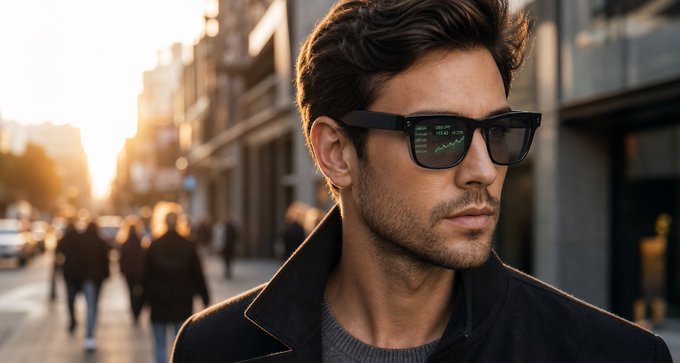 A man wearing black Even G2 smart glasses walks through a sunlit city street, with a small data display visible on one lens showing market information like "USD/JPY" at 104.86, reflecting the convenience of having real-time currency pair prices constantly visible in his field of vision.