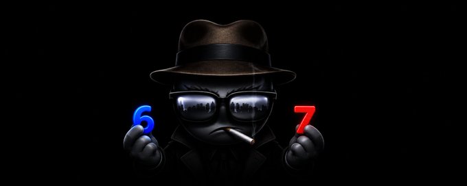 A digital illustration of a grumpy-looking frog wearing a fedora, sunglasses, and a trench coat, smoking a cigarette while holding up the numbers 6 and 7.