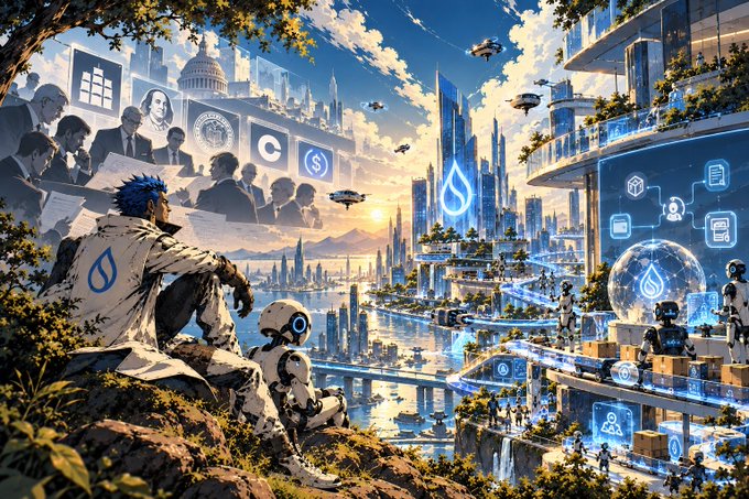 An anime-inspired digital artwork depicting a person with blue hair and a small robot overlooking a futuristic, eco-friendly city with sustainable skyscrapers, flying cars, and holographic icons.