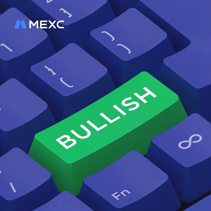A close-up of a computer keyboard featuring a prominent green key labeled "BULLISH" surrounded by blue keys, with the MEXC logo in the top left corner, visually reinforcing the "Enter bullish" message to start the week.