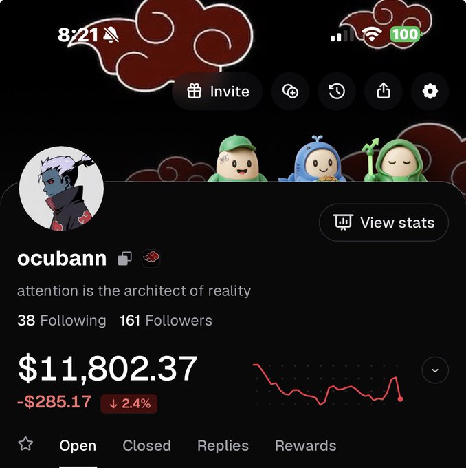 A social-media profile screen for “ocubann,” showing “attention is the architect of reality,” 38 following, 161 followers, and a displayed value of “$11,802.37” down 2.4%.