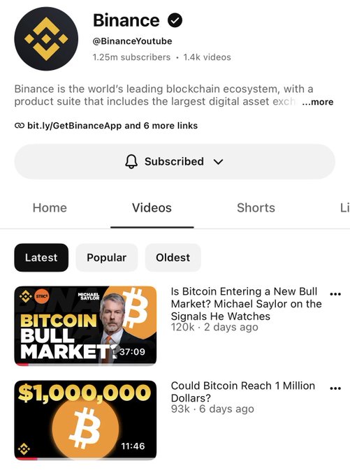 Binance YouTube channel page (@BinanceYoutube) with 1.25m subscribers and 1.4k videos, showing videos including 'Is Bitcoin Entering a New Bull Market? Michael Saylor on the Signals He Watches' and 'Could Bitcoin Reach 1 Million Dollars?'.