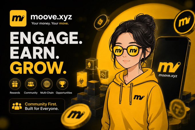 The image features a cartoon girl wearing a yellow hoodie, with her face obscured by glasses. She is standing next to a cell phone displaying an advertisement for a cryptocurrency called "moove". The text of the advertisement encourages users to engage with the platform and participate in its community-building efforts. This suggests that the platform values user engagement and actively seeks out individuals who can contribute positively to its ecosystem, rewarding them with various opportunities and benefits.