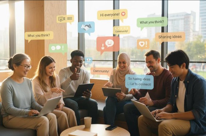 A diverse group of six people sit together in a bright room with laptops and tablets, surrounded by colorful chat bubbles displaying text like 'Hi everyone!', 'Community!', 'Sharing ideas', and 'Let's connect!'.