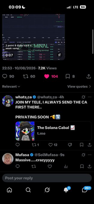 A mobile screenshot of social media posts about crypto trading, including a video of stock charts with text '2 point 8 dude such a weak vamp' and 'TERM!NAL', a post from @whats.ca promoting a Telegram group called 'The Solana Cabal', and a reply from @SolMufasa saying 'Massive.....crazzyyyyy'.