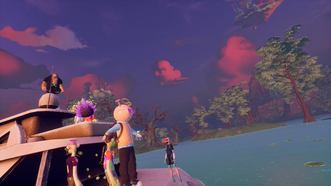 A vibrant purple and pink sunset illuminates a swampy landscape in the Otherside Metaverse, where a group of quirky, colorful avatar characters gather on a boat and shoreline to play games together. The whimsical scene captures the community spirit of the Quirkies gathering, with stylized figures sporting unique outfits against the dreamy, otherworldly backdrop.