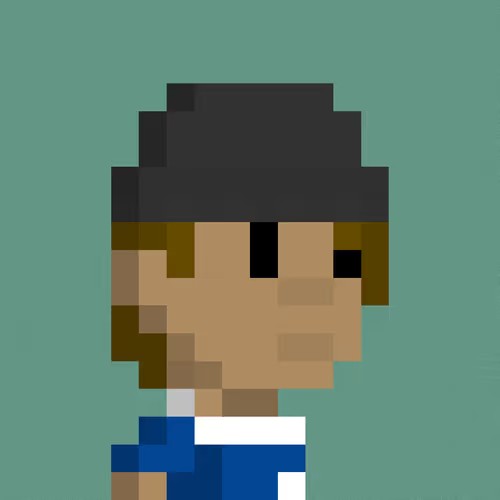 A pixelated portrait of a character with dark hair and a blue and white outfit against a teal background.