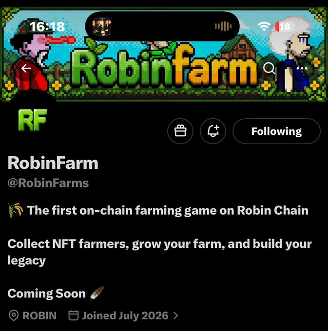 A Twitter profile page for "RobinFarm" (@RobinFarms) featuring pixel-art characters and the tagline "The first on-chain farming game on Robin Chain," promoting an upcoming on-chain P2E game mentioned in the accompanying post.