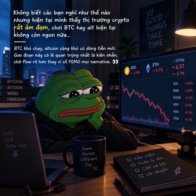 A digital artwork featuring a sad Pepe the Frog character in a hoodie staring at a crypto trading chart showing BTC -2.4% and ETH -3.1%, with Vietnamese text discussing the bleak crypto market.