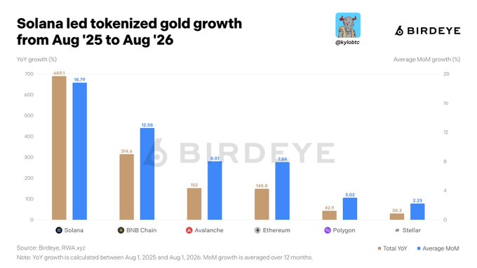 A Birdeye chart titled 'Solana led tokenized gold growth from Aug '25 to Aug '26' showing YoY growth of 689.1% for Solana and 10.79% average MoM, alongside BNB Chain, Avalanche, Ethereum, Polygon, and Stellar.