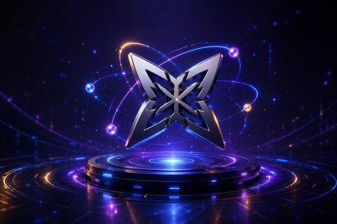 A futuristic metallic emblem hovers above a glowing circular platform, surrounded by orbiting blue and orange light trails, evoking a high-tech digital space. The post discusses testing the @quipnetwork testnet, and the image visually reinforces the Web3/tech theme of a sleek, user-friendly network.