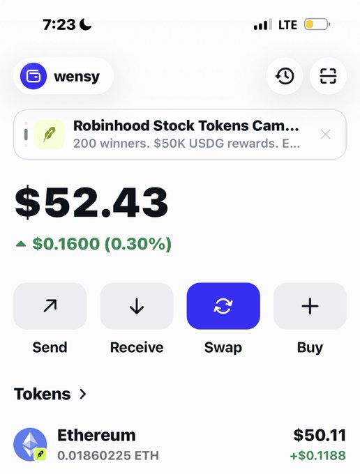 A Robinhood Crypto wallet screenshot shows a balance of $52.43, displayed alongside an Ethereum holding of 0.01860225 ETH ($50.11, +$0.1188), with the wallet ready to swap or send tokens—visually supporting the user's claim of buying $50 worth of the $GARRI token.