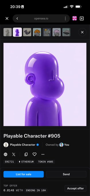 A mobile screenshot from opensea.io showing an NFT listing for "Playable Character #905," a purple glossy 3D character figure, with a top offer of 0.0148 WETH.