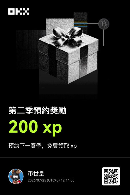 An OKX promotional graphic featuring a black gift box with a bow, advertising a '第二季預約獎勵 200 xp' (Season 2 Reservation Reward 200 xp) for pre-ordering the next season, posted by 币世皇 on 2026/07/25.