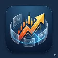 App icon featuring an orange upward-trending arrow over cryptocurrency candlestick charts on a dark blue background.