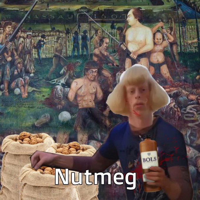 A surreal collage titled "Nutmeg" showing a person with a mushroom-like cap holding a bottle of BOLS, with sacks of nutmeg and a violent historical battle scene mural in the background.