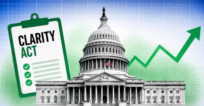 A graphic illustration featuring a green clipboard labeled 'CLARITY ACT' with three checked boxes next to the U.S. Capitol building, overlaid with a rising green arrow chart on a grid background.