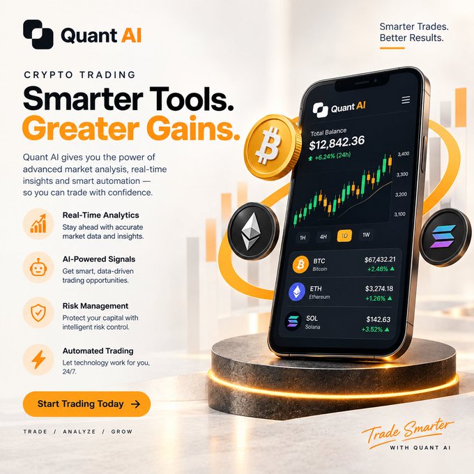 A promotional advertisement for "Quant AI" featuring a smartphone displaying crypto trading data for BTC, ETH, and SOL, with text "Smarter Tools. Greater Gains."