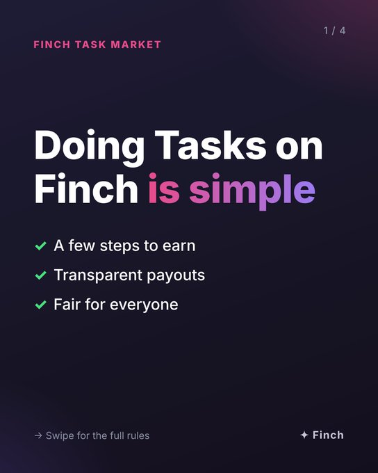 A promotional graphic for 'Finch Task Market' stating 'Doing Tasks on Finch is simple,' highlighting benefits like earning in a few steps, transparent payouts, and fairness.