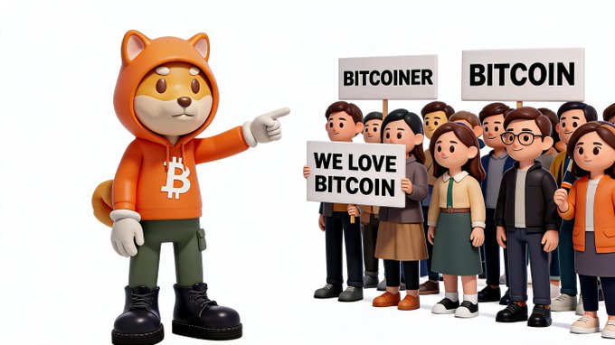 A cartoon fox mascot wearing an orange hoodie with a Bitcoin "B" logo points accusingly at a crowd of people holding signs reading "BITCOINER," "BITCOIN," and "WE LOVE BITCOIN." The image contrasts the Bitcoin enthusiasts with the lone Dogecoin mascot, fitting the post's "$DOG" caption by suggesting the Doge character stands apart from or critiques the Bitcoin fanbase.