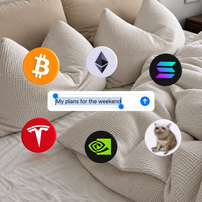 Crypto and tech-themed stickers including Bitcoin, Ethereum, Solana, Tesla, NVIDIA, and a cat displayed on a bed of textured white pillows with a search bar reading 'My plans for the weekend'.