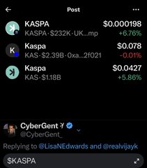 A dark-themed cryptocurrency app displaying KASPA at $0.000198 (+6.76%), $0.078 (-0.01%), and $0.0427 (+5.86%), with a tweet from CyberGent replying '$KASPA'.