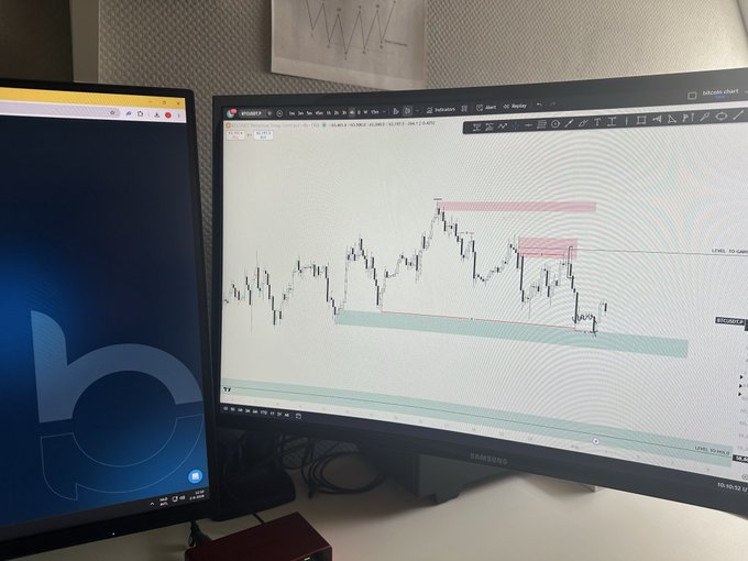 A dual-monitor setup shows a Samsung curved display running a Bitcoin chart analysis tool with support and resistance levels marked, alongside a second monitor displaying a blue XRP/Ripple logo background. The image captures the trader's Sunday morning routine of journaling and preparing BTC updates, with the technical chart visible on the main screen for market analysis.