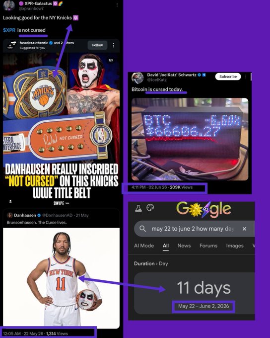 The image shows several posts that are related to a particular event or occurrence, with one post specifically stating "11 days may 22 June 3rd." The post appears to be discussing David Schmidt's recent comment about the coincidental timing of a $XPR being released on the same day as the event. There is also a post in Google Trends showing the number of times people have used that phrase over the past two months, suggesting it has been a topic of discussion and interest. The posts seem to be analyzing this coincidence or trying to understand its significance.