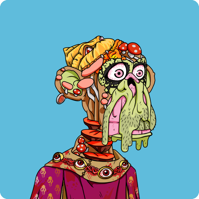 A cartoon-style illustration of a grotesque zombie-like figure with a melting green face, multiple eyes, and a severed hand serving as a head, dressed in a purple robe with a yellow background.