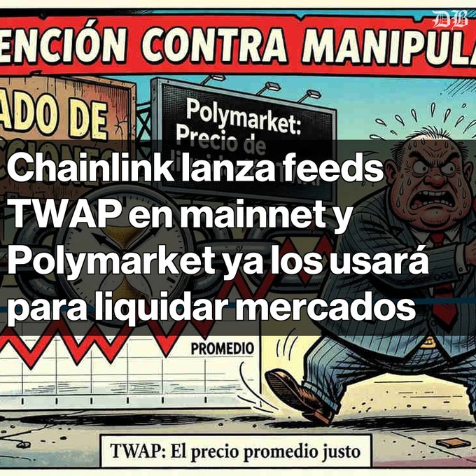A cartoon image showing a panicked man next to a downward-trending chart and a billboard reading "Polymarket: Precio de," with Spanish text announcing "Chainlink lanza feeds TWAP en mainnet y Polymarket ya los usará para liquidar mercados" and a caption stating "TWAP: El precio promedio justo," illustrating the article's news about Chainlink's new TWAP price feeds being adopted by Polymarket to combat market manipulation.