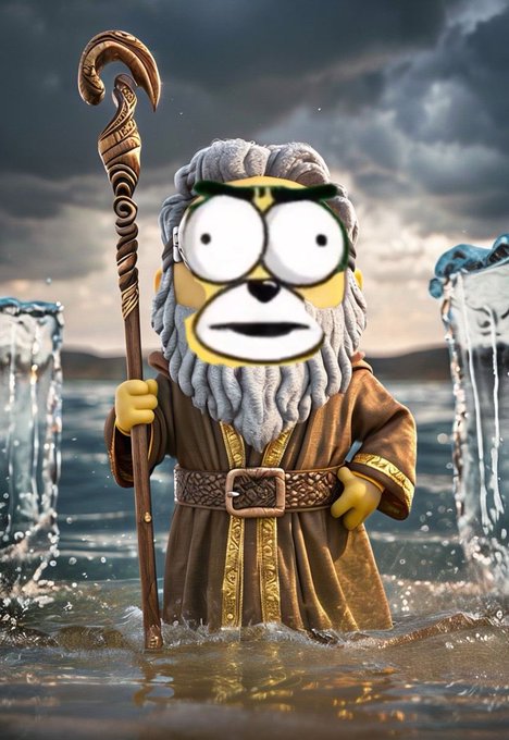 A figurine of a character with yellow skin, a gray beard, and glasses, holding a staff and standing in shallow water with a dramatic cloudy sky behind.