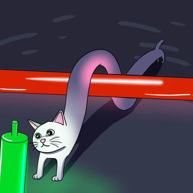 A digital illustration of a white cartoon cat with an extremely elongated, winding body stretching across a dark background with a red laser beam and a green cylindrical object.