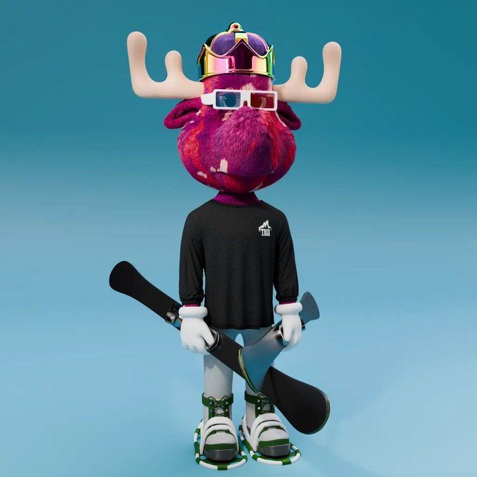 A 3D-rendered character with a large fuzzy purple head, white antlers, a metallic crown, and white sunglasses, wearing a black shirt and sneakers while holding a hockey stick against a blue background.