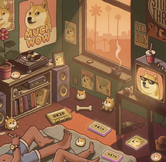 The image features a cartoon-style illustration of an office space with various objects, including a desk, chair, potted plant, bookshelf filled with books, speakers, and a window that looks out onto a city skyline. The room also contains several dog figurines scattered throughout the scene. The post "Gm from the interns room" is related to this image as it suggests that someone has created an office space using cartoon-style illustrations or drawings instead of actual furniture and objects.

The main focus of the image is a person lying on the floor, surrounded by dog figurines in various positions throughout the scene. The presence of these dog figurines adds a whimsical and playful touch to the otherwise ordinary office setting.