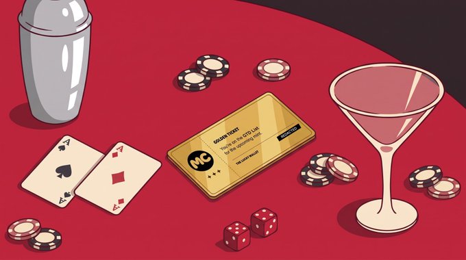 A casino-themed illustration featuring a cocktail shaker, playing cards (ace of spades and 7 of diamonds), red dice, poker chips, and a martini glass arranged around a golden "Square Ticket" card reading "Valid on ETH only for the following pool" with "Winners Circle" branding—visually reinforcing the giveaway's casino theme and chance-based crypto prize promotion.