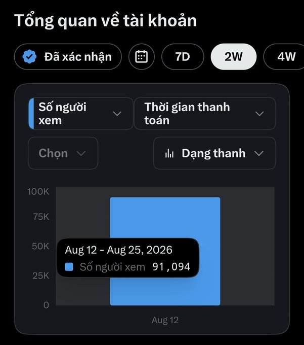 A dark-themed analytics dashboard titled 'Tổng quan về tài khoản' (Account Overview) showing a bar chart for 'Số người xem' (Number of views) with a tooltip displaying 91,094 views for Aug 12 - Aug 25, 2026, set to a 2W timeframe.