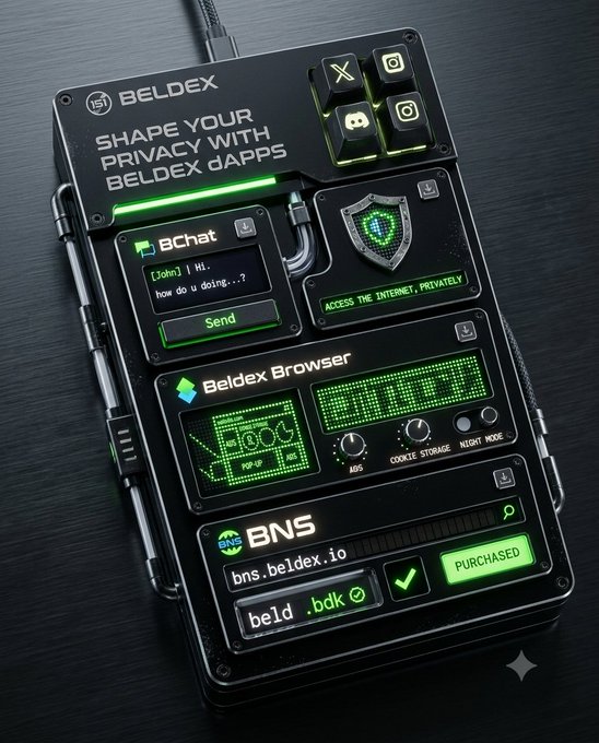 A digital render of a Beldex device advertising private dApps, showing interfaces for BChat, Beldex Browser, and a BNS domain (beld.bdk) marked as Purchased.