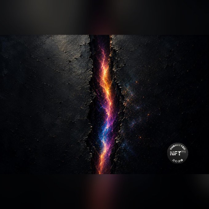 An NFT artwork from SUBMITTED NFT 2020 depicting a glowing orange and purple energy crack splitting dark stone or rock.
