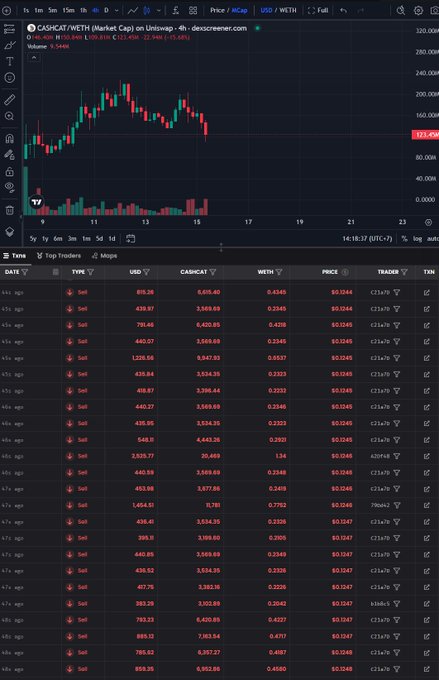 A cryptocurrency trading chart for CAKECAT/WETH on Ordiswap showing a price of 173.45, with a candlestick graph and a list of recent sell transactions below.