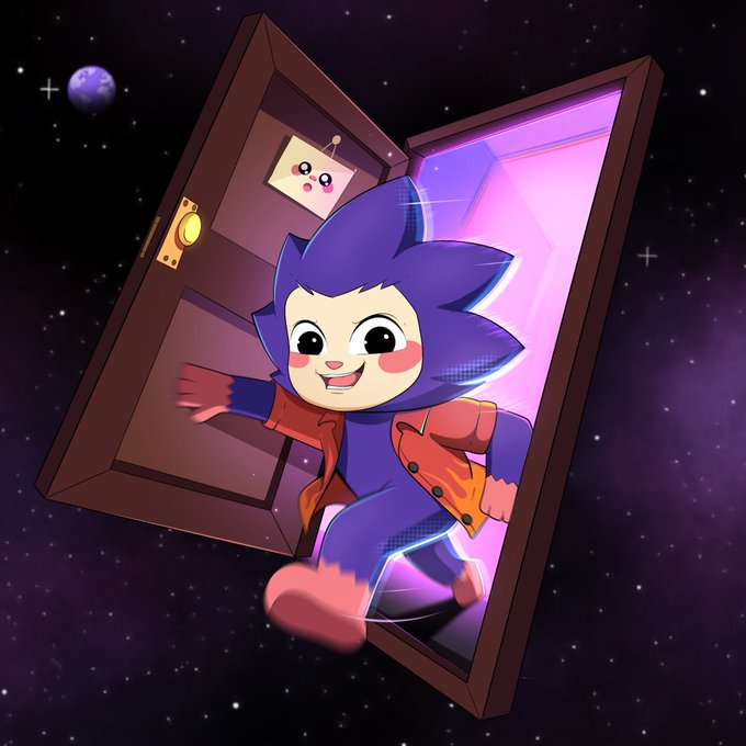 A cartoon hedgehog character with purple quills and a red jacket bursts joyfully through a floating wooden door in outer space, with a small smiling paper note pinned to the door. The image visually represents the post's message about entering an abundant new life phase, depicting the character eagerly stepping through a portal into exciting new opportunities.