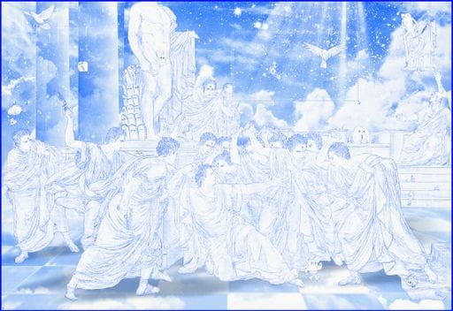 A blue and white classical-style illustration depicting figures in robes gathered together in a scene with clouds, classical architecture, and a statue.
