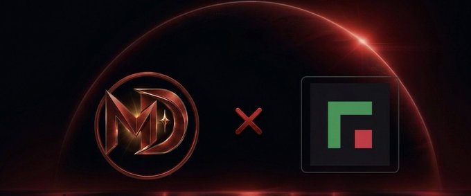 A promotional graphic with a dark red background features a metallic 'MD' logo next to an 'X' and a green and red geometric icon.