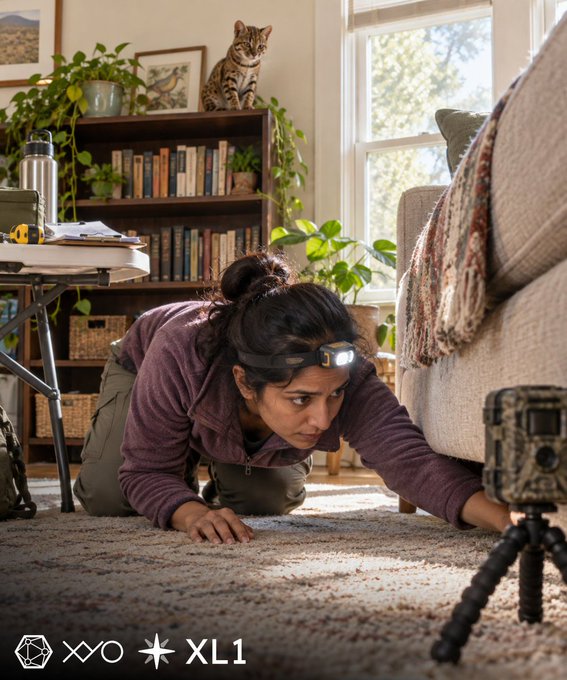 A woman wearing a headlamp crawls on the floor of a cozy living room while setting up a trail camera, with logos for XXO and XL1 displayed at the bottom.