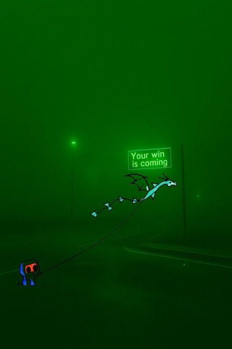 A dark, green-tinted cartoon scene shows a small Among Us-style character pulling a leash attached to a screaming dragon-like creature floating near a road sign that reads 'Your win is coming'.