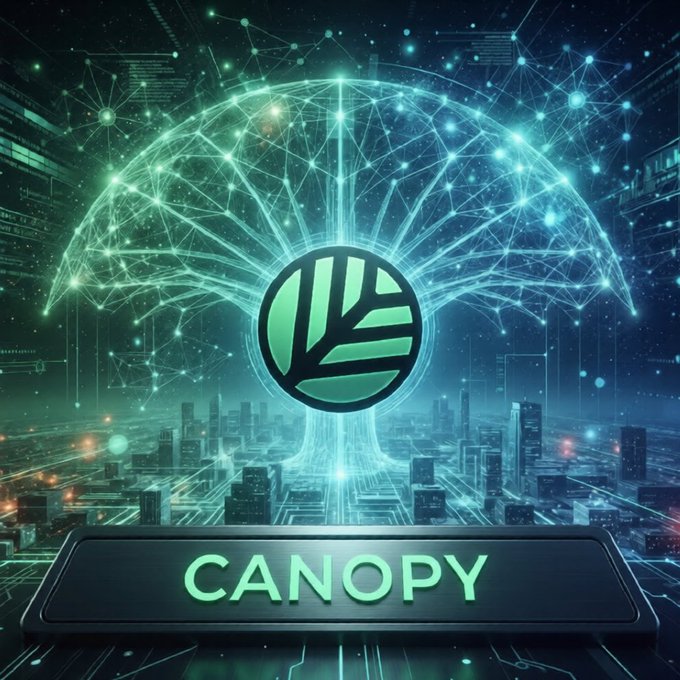 The image features a glowing green and blue digital dome composed of connected network nodes, symbolizing a blockchain or decentralized network infrastructure, with a green leaf-like emblem at its center above a futuristic cityscape. At the bottom, a banner displays the word **"CANOPY"** in bold teal letters. The visual reinforces the post’s theme of building sovereign, decentralized blockchain infrastructure—contrasting a protective, expansive network canopy over a city against the "L2 Trap" of centralized, restrictive solutions.