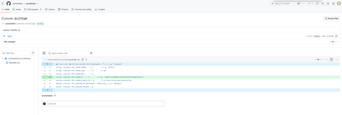 A GitHub pull request titled "Commit dc270a9" updates `contracts/ERC20/Token.sol` with a new contract `NewTestToken` named "Token" and symbol "TTN," modifying the `Constructor` alongside other minor contract changes.